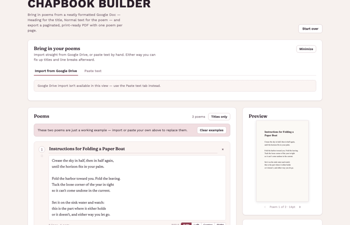 Screenshot of the Chapbook Builder tool, showing a poem list and a live page preview