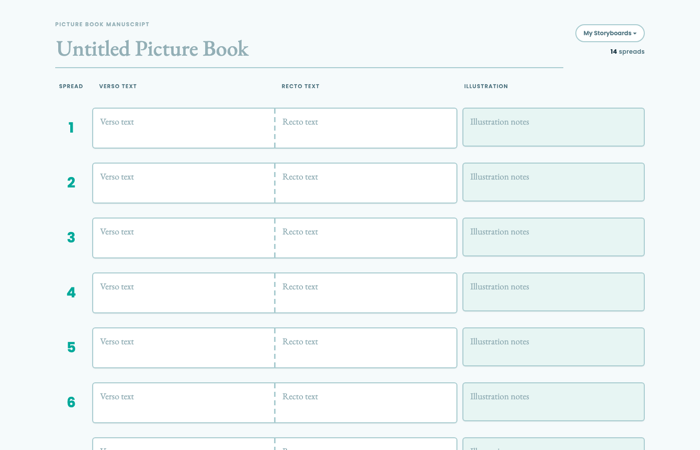 Screenshot of the Dummy Builder tool, showing a 14-spread manuscript grid