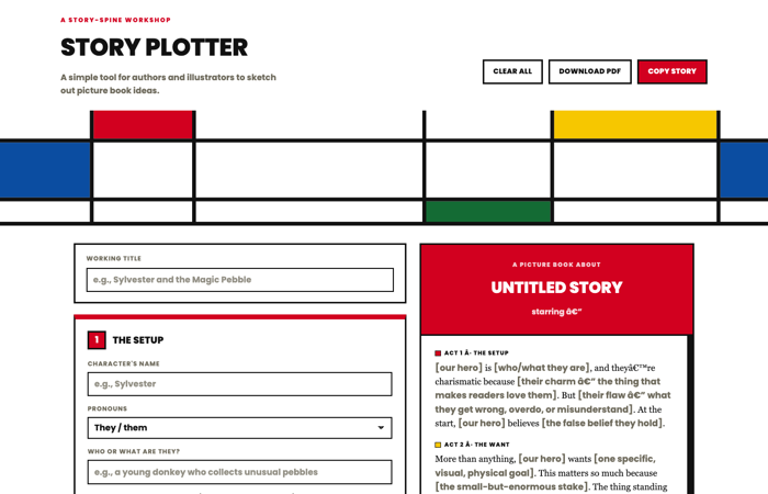 Screenshot of the Story Plotter tool with a filled-in story spine